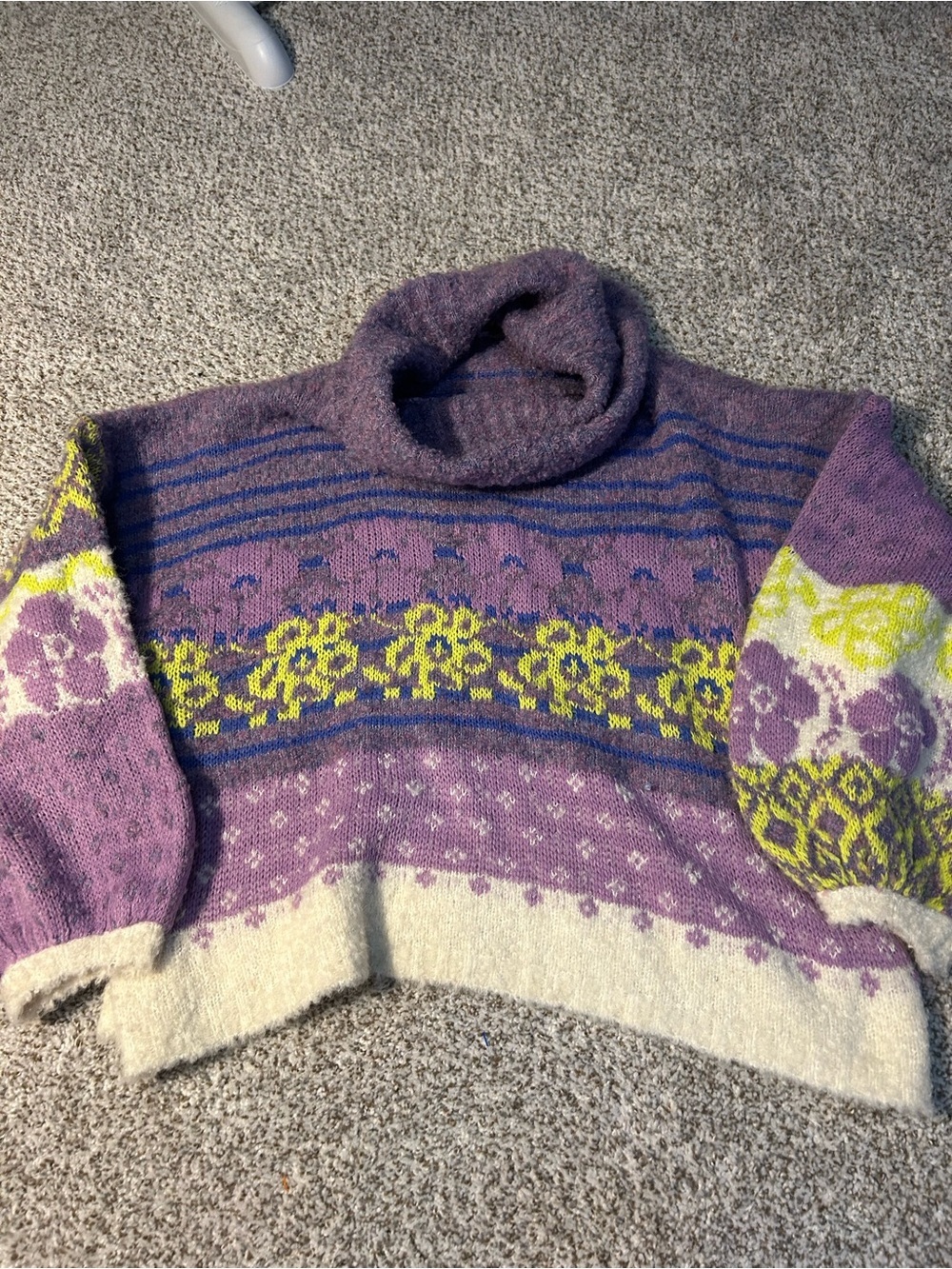 Fate Purple, Chartreuse & Cream Patterned Cowl Neck Sweater